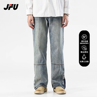 JFU2024夏季薄款美式高街多袋直筒微喇工装牛仔裤炸街裤子男长裤