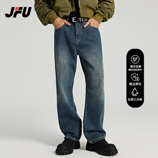 JFU 高街牛仔裤男生复古做旧2024春夏季薄款微喇宽松直筒百搭长裤