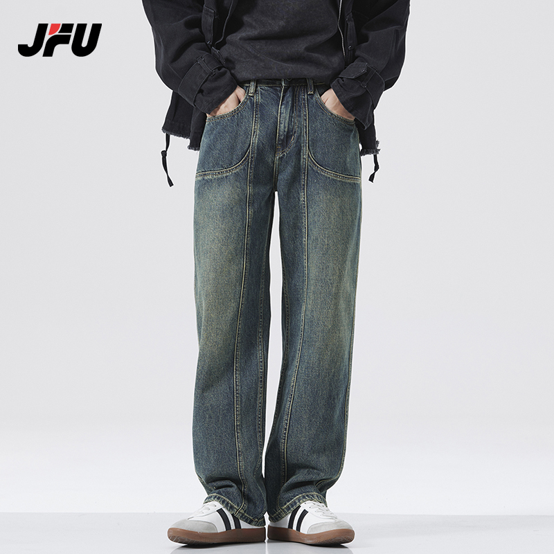 JFU美式复古牛仔裤男2024新款工装宽松直筒春夏薄款阔腿长裤子潮