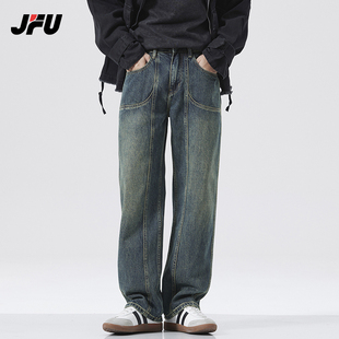 JFU美式复古牛仔裤男2024新款工装宽松直筒夏季薄款阔腿长裤子潮