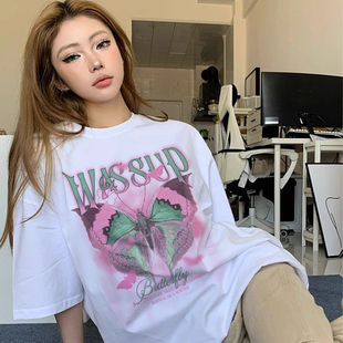 WASSUP HEODS短袖潮牌T恤男女夏季粉色蝴蝶半袖美式宽松上衣情侣