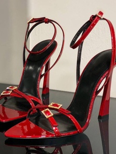露趾水钻一字带扣高跟鞋女2024夏季新款性感细跟红色细带漆皮凉鞋