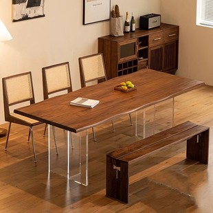北美黑胡桃木餐桌现代简约家用亚克力悬浮樱桃木办公茶桌设计书桌