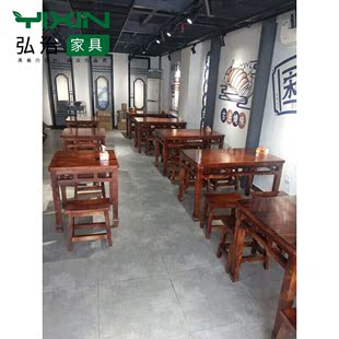 碳化防腐桌椅小吃店烧烤面馆小户型实木快餐桌饭店仿古桌椅套60长