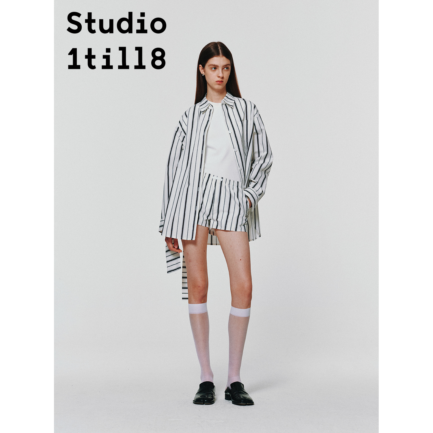 Studio1till8｜慵懒感套装条纹系带宽松衬衫休闲短裤女夏季