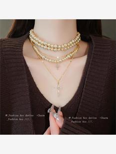 多层镶钻珍珠十字架项链复古时尚设计感锁骨链小众百搭饰品女