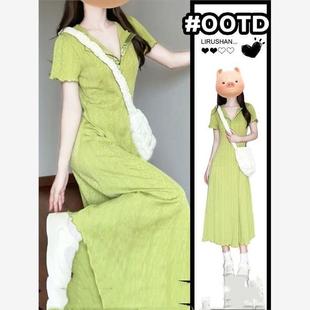茶歇法式气质爆款绿色连衣裙子女装2024新款夏季梨形身材显瘦长裙