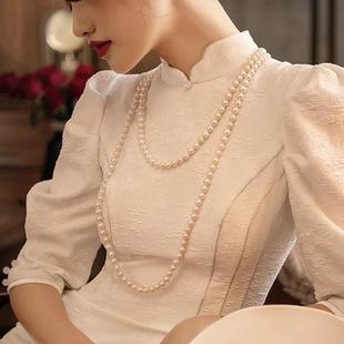 复古珍珠项链女优雅气质小香风双层锁骨链简约百搭长款毛衣链配饰