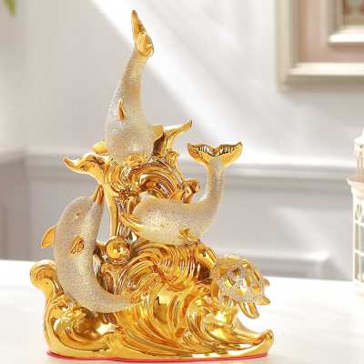 海豚陶瓷装饰品摆件客厅酒柜桌面创意简约新房家居摆设精致镀金