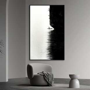 抽象泛舟手绘油画意式极简黑白艺术意境装饰画客厅挂画玄关肌理画