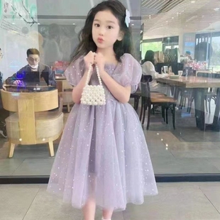 紫色纱裙女童蕾丝连衣裙夏款洋气儿童蓬蓬礼服公主裙泡泡袖仙女裙