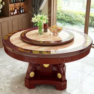 定制安佚大理石餐桌椅圆形圆桌带转盘实木大理石圆餐桌欧式餐桌椅