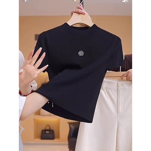 山茶花短袖t恤女2024年夏季新款时髦半高领气质百搭显瘦针织上衣