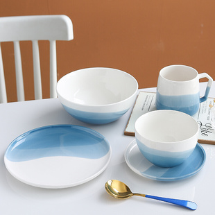 碗碟单人餐具情侣一人食一对精致釉下彩碗筷一勺家用套装陶瓷盘子