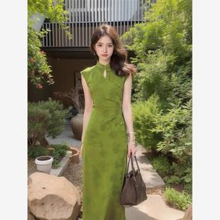 小众国风新中式改良年轻旗袍连衣裙日常收腰显瘦修身绿色长裙夏季