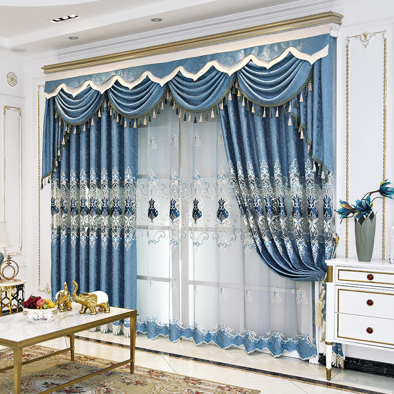 新款豪华欧式蓝色加厚贴绒缕空绣花窗帘遮光高档客厅落地窗成品