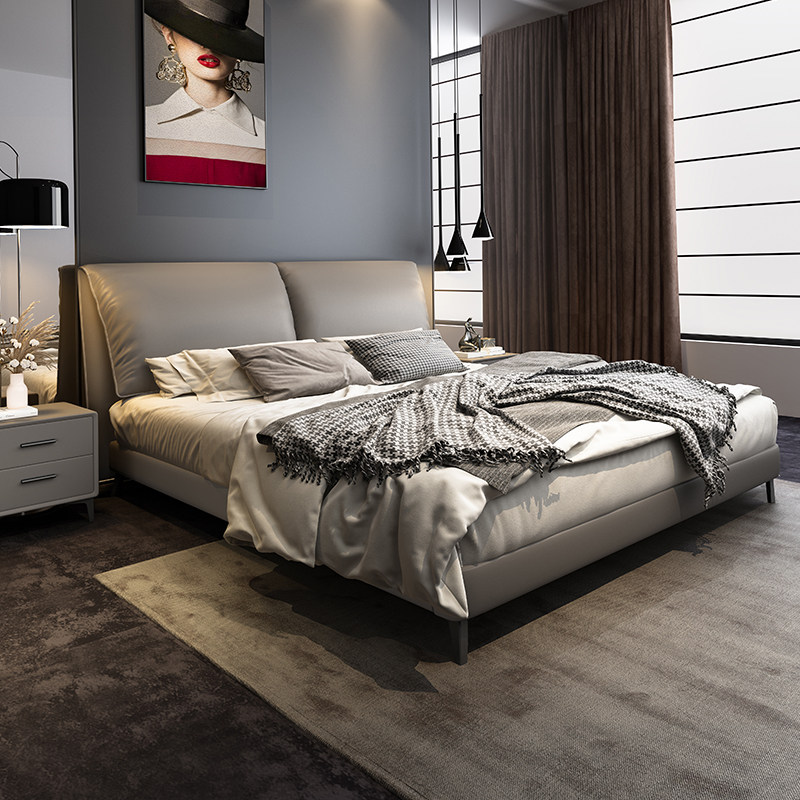 cbd官方真皮床现代简约18米双人床主卧大床灰色羽绒软靠包轻奢佛