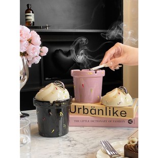 创意甜筒烟缸家用个性潮流带盖防飞灰缸高颜值客厅茶几陶瓷烟灰缸
