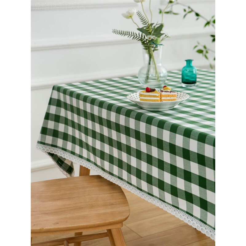 格子布艺餐桌布加厚棉麻蕾丝花边学校幼儿园家用桌布茶几盖布北欧