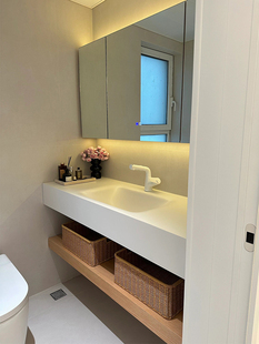 岩板热弯无缝陶瓷一体盆原木色日系浴室柜组合洗漱台智能镜柜定制