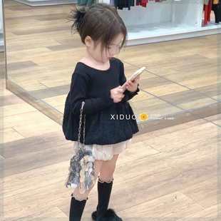 韩版女童黑色T恤2024春季纯棉时髦可爱休闲宽松上衣长袖花苞短裤