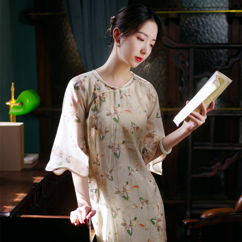 梦回故里 拾月|复古无领旗袍女夏改良2021新款一片式低开衩旗袍裙