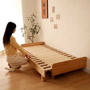 亦物橡木伸缩床儿童全实木沙发床可推拉小户型无床头悬浮抽拉床