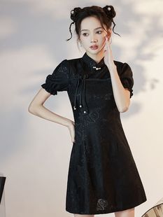 新中式黑色改良旗袍女夏季年轻款少女小个子国潮短款中国风连衣裙