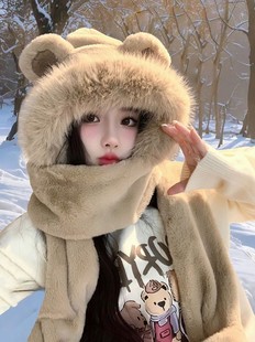 可爱小熊帽子女秋冬季围巾手套连帽一体保暖毛绒绒冬天护耳三件套