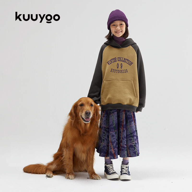 KUUYOO谷由童装插肩袖连帽卫衣冬季中大童加厚保暖女童加绒上衣潮