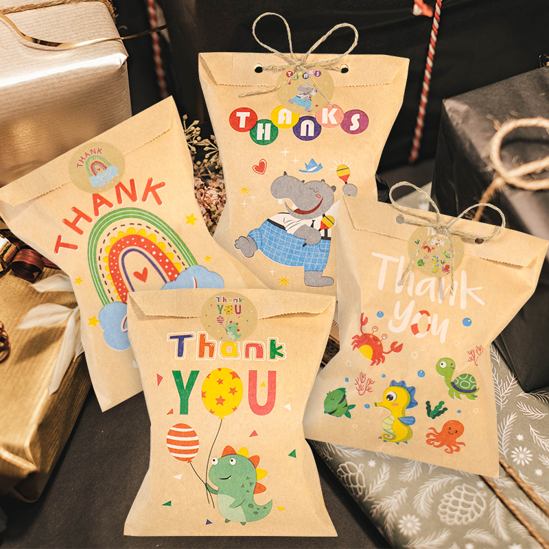 24Sets Thank You Kraft Paper Bags Cute Rainbow Dino Happy