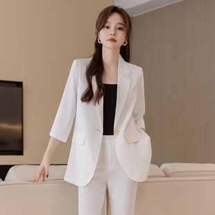 白色西装外套女夏季薄款职业装气质女神范高端休闲七分袖西服套装