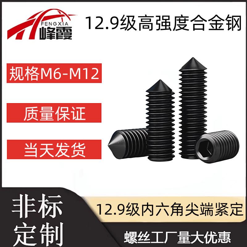 M6M8M10M12内六角螺丝锥端紧定12.9级黑色尖T头无头内六角端机米