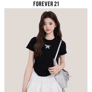 Forever21美式字母黑色正肩短袖T恤女圆领蝴蝶结宽松休闲显瘦上衣