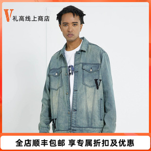 VLONE 拼接Logo刺绣 渐变水洗做旧 宽松牛仔外套 男女同款