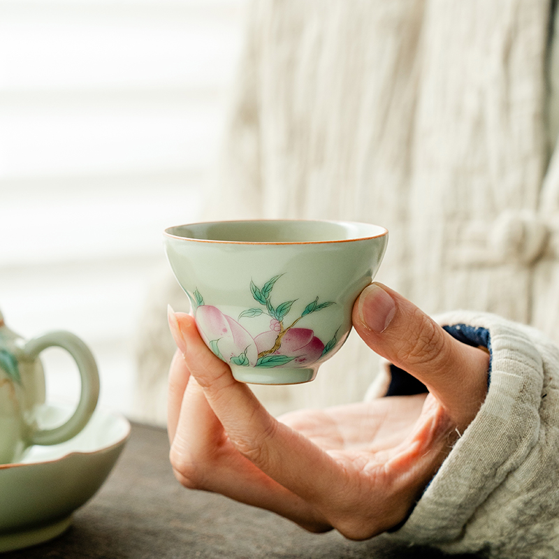 观策器隐汝窑贴绘寿桃福禄茶杯单杯陶瓷功夫茶具小茶杯客杯品茗杯