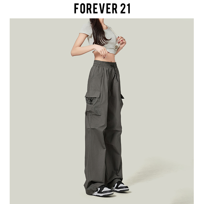 Forever 21美式灰色阔腿工装休闲裤女速干束脚登山裤高腰拖地裤子