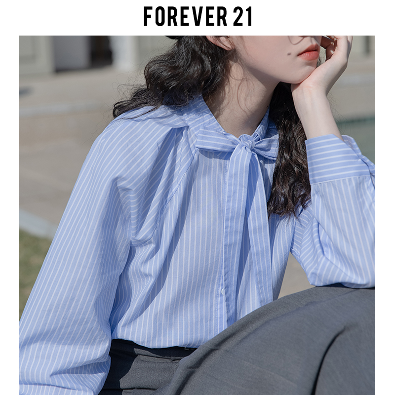 Forever 21蓝色条纹设计感衬衫女春季小众蝴蝶结法式内搭长袖上衣