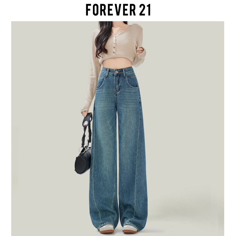 Forever 21复古蓝阔腿牛仔裤女2024春季新款高腰宽松直筒拖地裤子