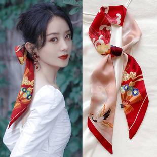 中国风细窄长条小丝巾红色发带丝带绑发夏春秋腰带围巾女装饰领巾