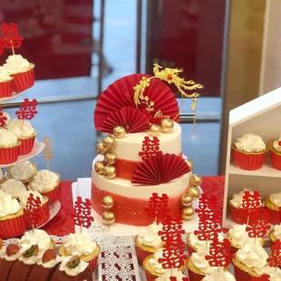 红色婚礼甜品台中式主题布置喜字蛋糕插件签推推乐布丁瓶装饰贴纸
