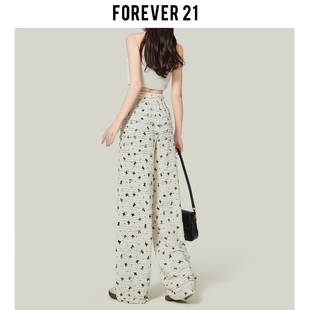 Forever 21白色蕾丝花边蝴蝶结直筒休闲裤女田园高腰阔腿拖地裤子