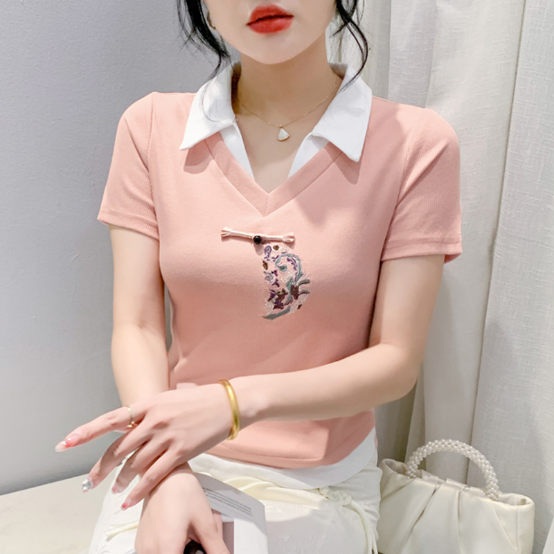 Polo领短袖T恤女夏装设计感时尚修身显瘦中国风纯棉上衣2024新款