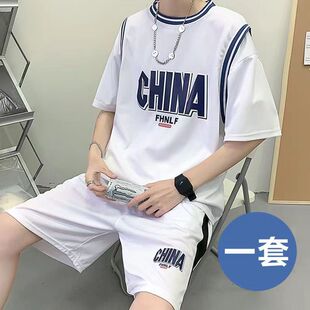 夏季冰丝假两件运动衣服套装2024新款男装潮休闲短袖t恤篮球短裤