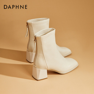 达芙妮Daphne~短靴女切尔西2023新款春秋粗跟高跟配裙子白色单靴