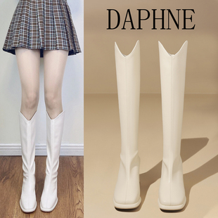 达芙妮白色靴子高跟骑士靴女2023新款冬季加绒保暖长筒靴厚底女靴