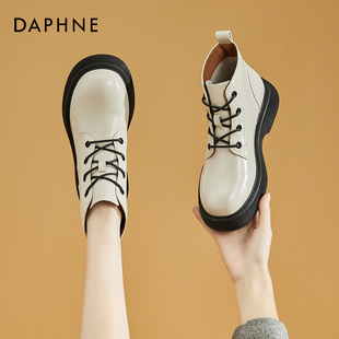 达芙妮Daphne~马丁靴女2023年新款厚底白色真皮高帮短靴春秋单靴