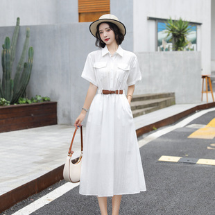 法式白色连衣裙夏季女2023女装新款短袖垂感显瘦衬衫裙子