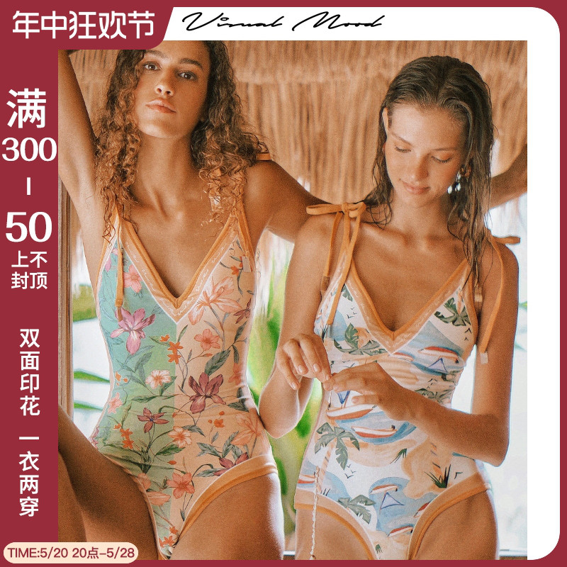 visual mood法式泳衣女夏复古黄沙滩双面印花显瘦遮度假连体泳衣