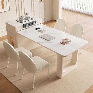 奶油风岩板岛台餐桌可伸缩轻奢家用小户型厨房现代简约两用茶桌椅